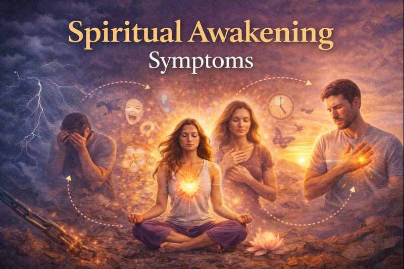 Spiritual awakening symptoms illustrated through emotional release, inner awareness, meditation, and the transition from confusion to clarity