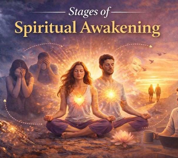 Stages of spiritual awakening illustrated through emotional struggle, meditation, healing, and integration into conscious everyday life