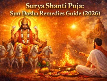 Surya Shanti Puja ritual with Lord Surya in golden chariot, sacred havan fire, priest offering Arghya, and Sun planet symbolism for dosha remedies