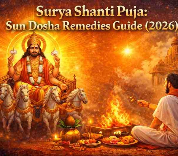 Surya Shanti Puja ritual with Lord Surya in golden chariot, sacred havan fire, priest offering Arghya, and Sun planet symbolism for dosha remedies