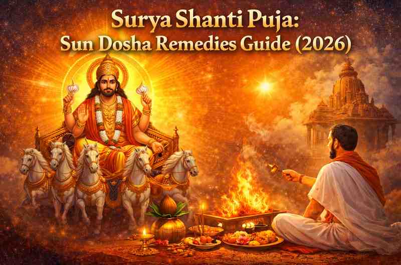 Surya Shanti Puja ritual with Lord Surya in golden chariot, sacred havan fire, priest offering Arghya, and Sun planet symbolism for dosha remedies