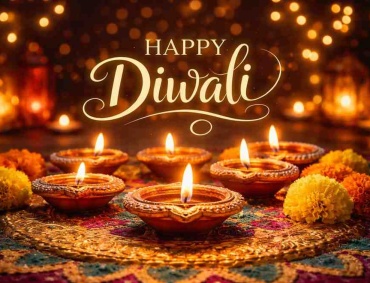 Traditional clay diyas glowing on a colorful rangoli with marigold flowers during the Festival of Lights