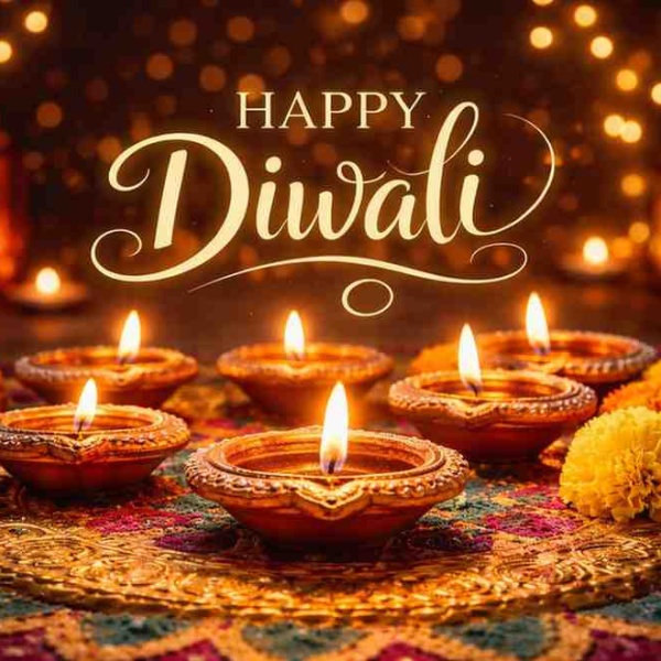 Traditional clay diyas glowing on a colorful rangoli with marigold flowers during the Festival of Lights