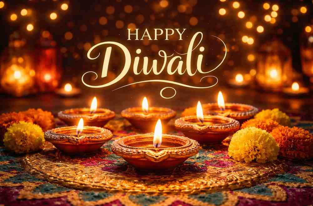 Traditional clay diyas glowing on a colorful rangoli with marigold flowers during the Festival of Lights