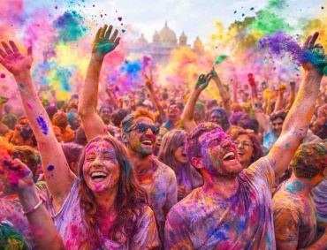 Holi festival celebration with people joyfully throwing colorful powders, symbolizing happiness, unity, and the spirit of the Festival of Colors