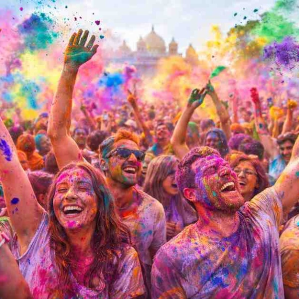 Holi festival celebration with people joyfully throwing colorful powders, symbolizing happiness, unity, and the spirit of the Festival of Colors