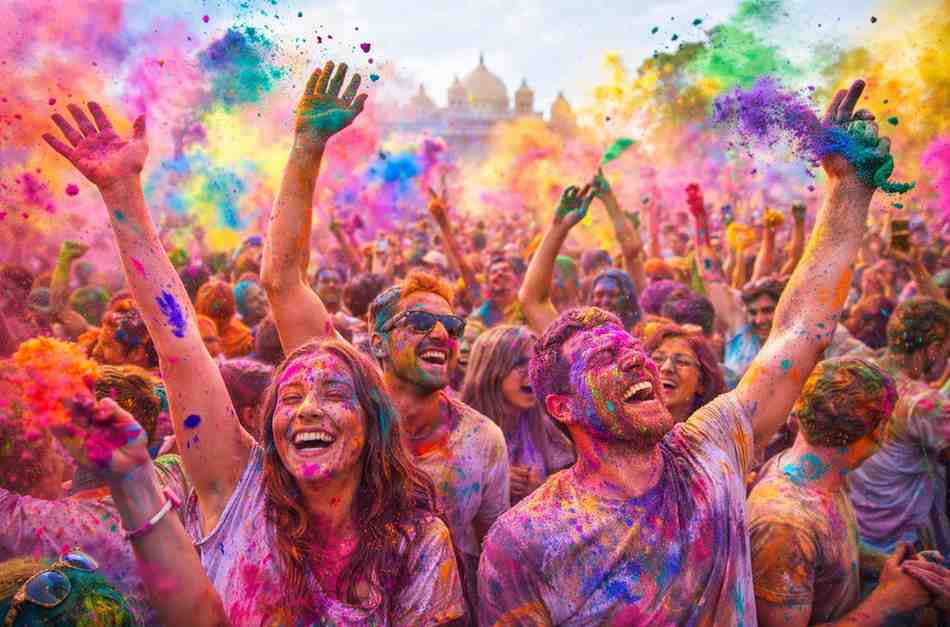 Holi festival celebration with people joyfully throwing colorful powders, symbolizing happiness, unity, and the spirit of the Festival of Colors
