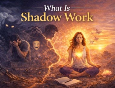 What is shadow work illustrated through inner darkness, emotional struggle, and healing through self-awareness and integration