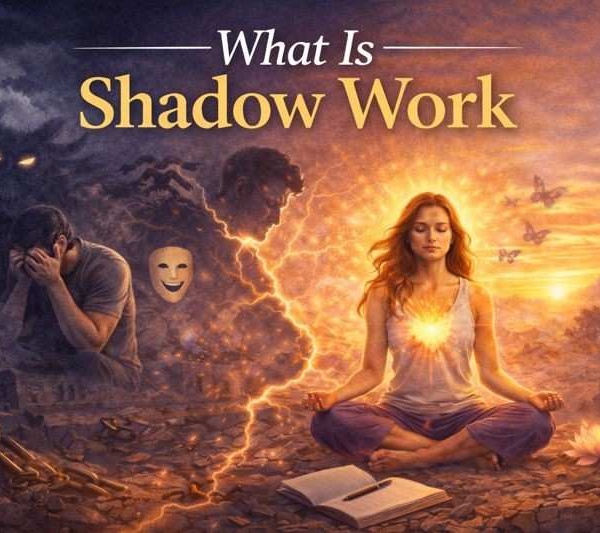 What is shadow work illustrated through inner darkness, emotional struggle, and healing through self-awareness and integration