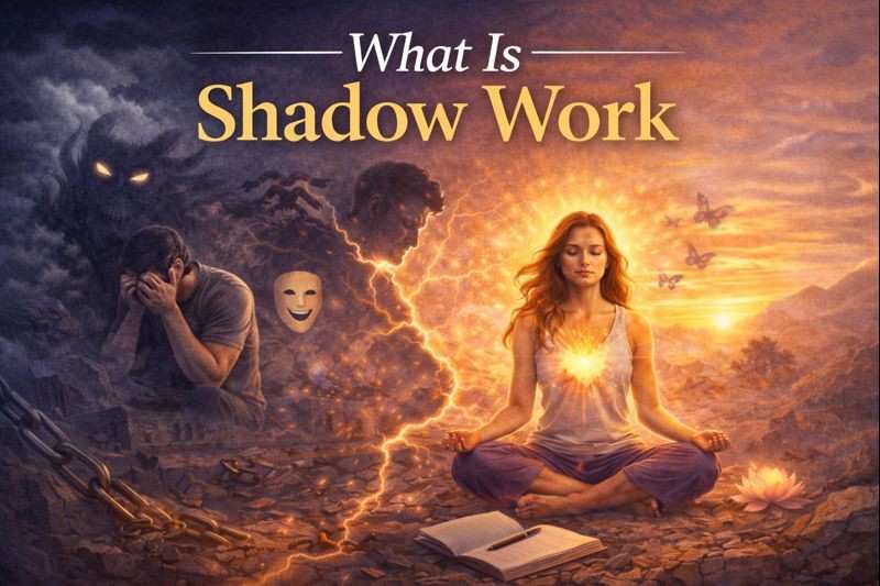 What is shadow work illustrated through inner darkness, emotional struggle, and healing through self-awareness and integration