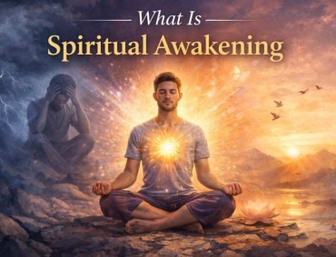 What is spiritual awakening illustrated by a person meditating with inner light, moving from emotional darkness to awareness and peace