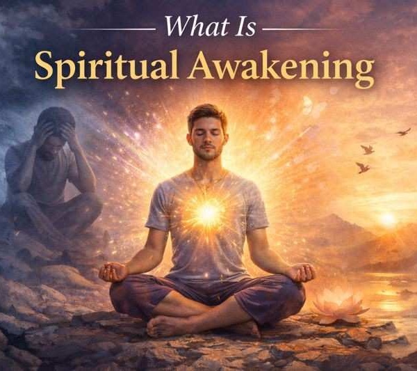 What is spiritual awakening illustrated by a person meditating with inner light, moving from emotional darkness to awareness and peace