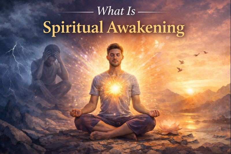 What is spiritual awakening illustrated by a person meditating with inner light, moving from emotional darkness to awareness and peace