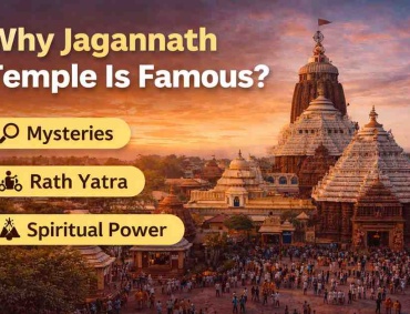 Jagannath Temple in Puri at sunset with text highlighting mysteries, Rath Yatra, and spiritual power