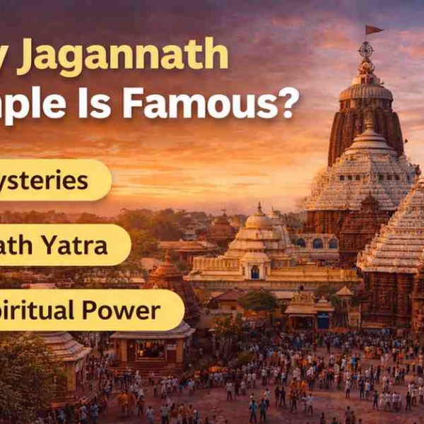 Jagannath Temple in Puri at sunset with text highlighting mysteries, Rath Yatra, and spiritual power
