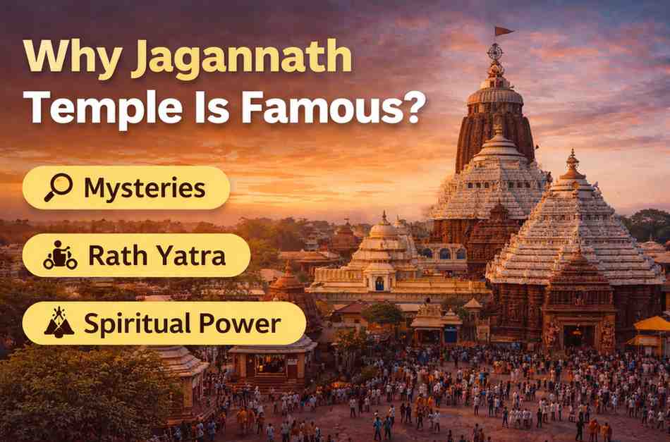 Jagannath Temple in Puri at sunset with text highlighting mysteries, Rath Yatra, and spiritual power