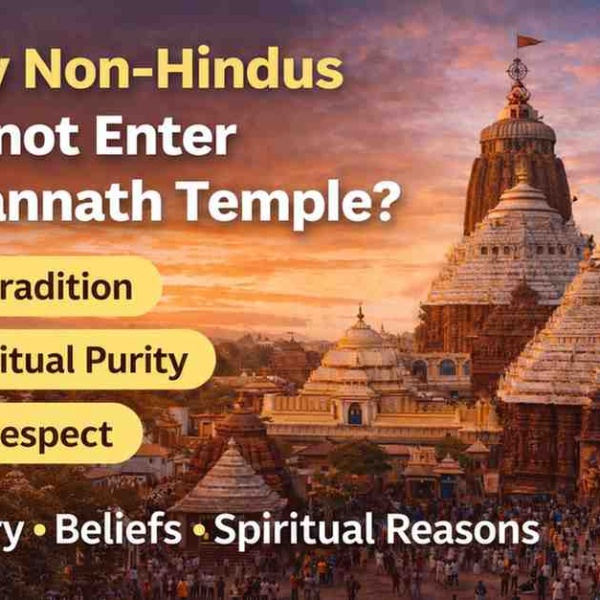 Jagannath Temple in Puri at sunset with text explaining tradition, ritual purity, and respect behind entry rules