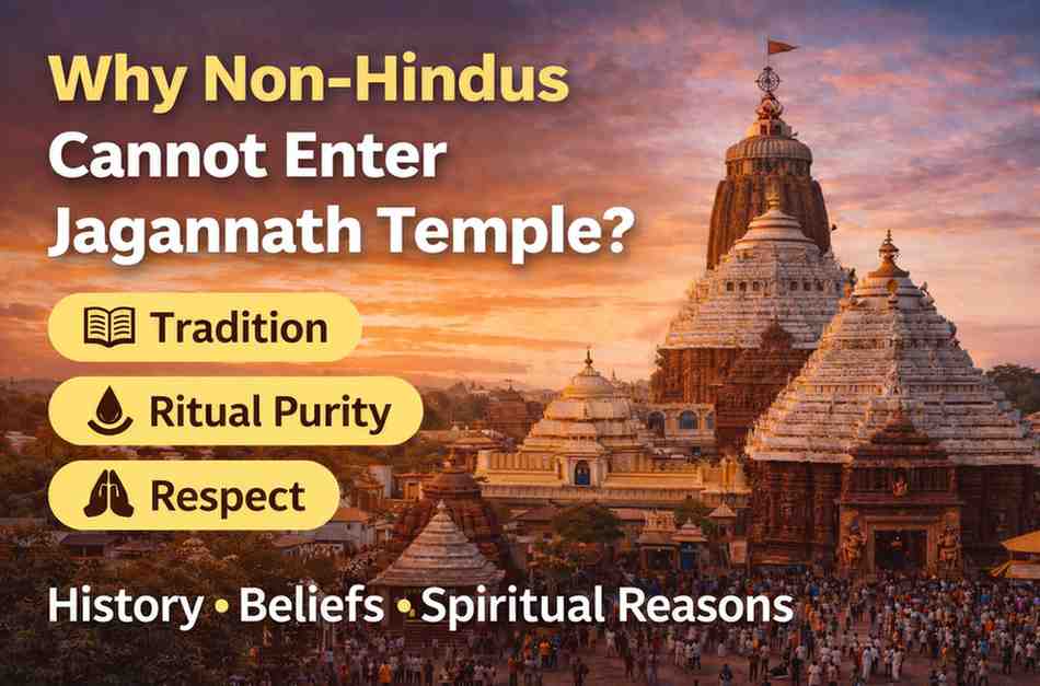 Jagannath Temple in Puri at sunset with text explaining tradition, ritual purity, and respect behind entry rules