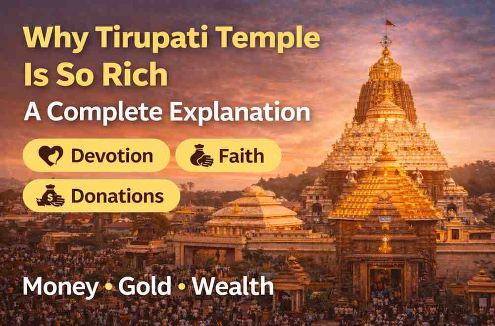 Tirupati Balaji Temple at sunset with golden vimana, highlighting devotion, faith, and donations