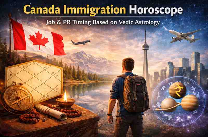 Canada immigration horoscope showing Vedic astrology birth chart and planetary signs for PR and job timing in Canada