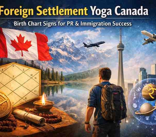Foreign settlement yoga Canada illustrated through Vedic astrology birth chart, Canadian flag, and immigration symbolism