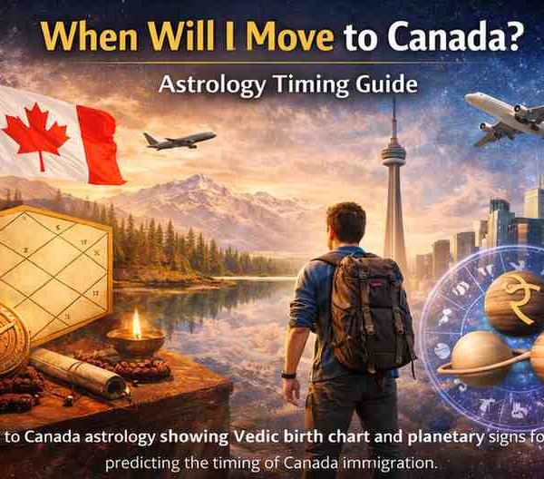 Move to Canada astrology illustration showing Vedic birth chart, planetary symbols, and Canada immigration timing prediction