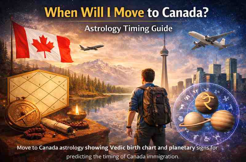 Move to Canada astrology illustration showing Vedic birth chart, planetary symbols, and Canada immigration timing prediction