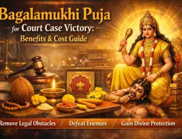 Bagalamukhi Puja for court case victory illustration showing Maa Bagalamukhi, legal symbols, puja items, and ritual offerings for defeating enemies and removing legal obstacles