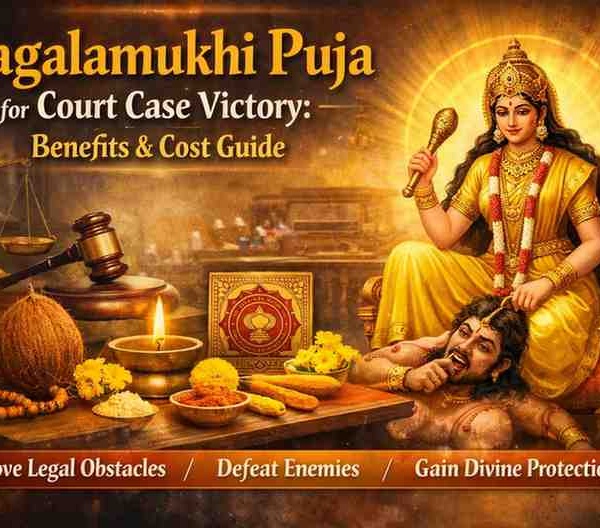 Bagalamukhi Puja for court case victory illustration showing Maa Bagalamukhi, legal symbols, puja items, and ritual offerings for defeating enemies and removing legal obstacles