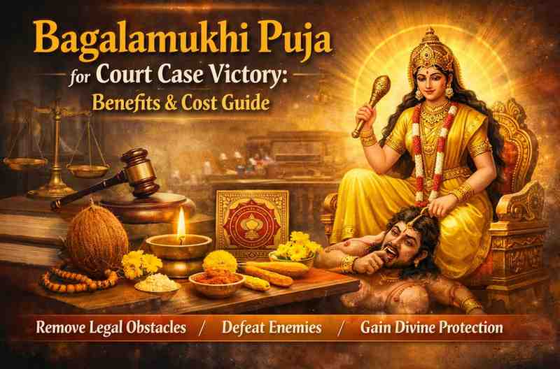 Bagalamukhi Puja for court case victory illustration showing Maa Bagalamukhi, legal symbols, puja items, and ritual offerings for defeating enemies and removing legal obstacles