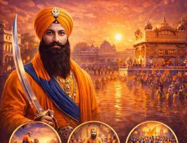 Baisakhi 2026 banner showing Golden Temple, Sikh warrior, harvest scene, Khalsa formation, and celebrations on April 14 Tuesday