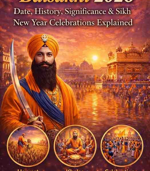 Baisakhi 2026 banner showing Golden Temple, Sikh warrior, harvest scene, Khalsa formation, and celebrations on April 14 Tuesday
