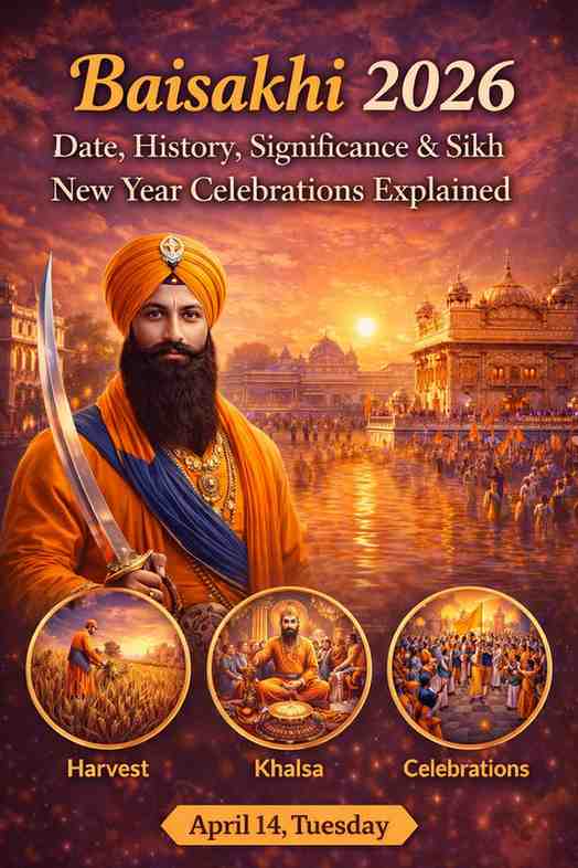 Baisakhi 2026 banner showing Golden Temple, Sikh warrior, harvest scene, Khalsa formation, and celebrations on April 14 Tuesday