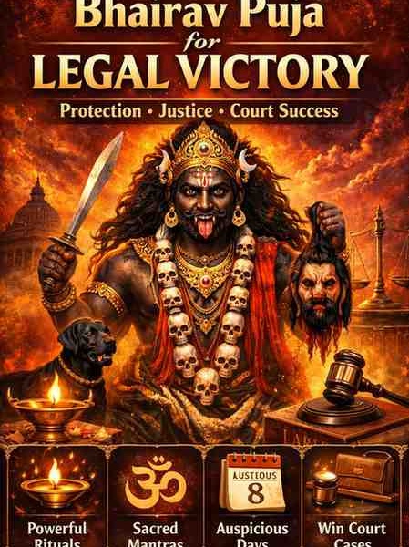 Bhairav Puja for legal victory illustration showing Lord Bhairav with trident, dog, oil lamp, and symbols of justice for protection and court case success