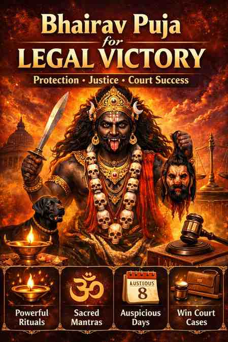 Bhairav Puja for legal victory illustration showing Lord Bhairav with trident, dog, oil lamp, and symbols of justice for protection and court case success