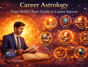 Career astrology concept showing professional analyzing birth chart with zodiac wheel, planets like Sun Mercury Venus Mars Jupiter Saturn, and career path guidance.