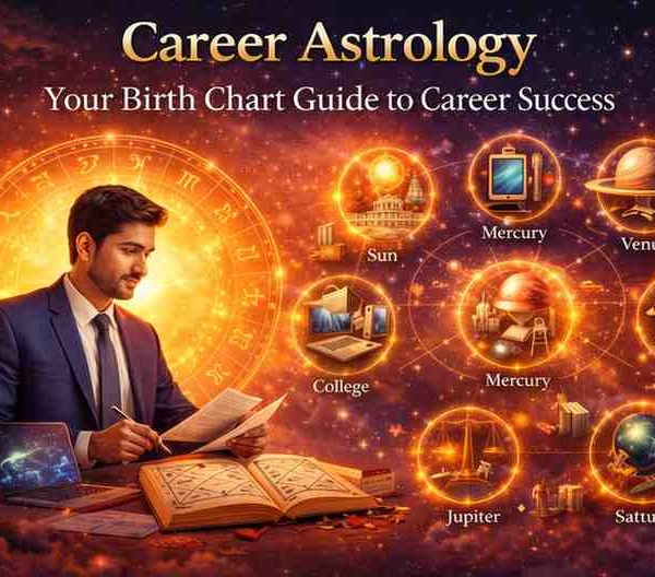 Career astrology concept showing professional analyzing birth chart with zodiac wheel, planets like Sun Mercury Venus Mars Jupiter Saturn, and career path guidance.