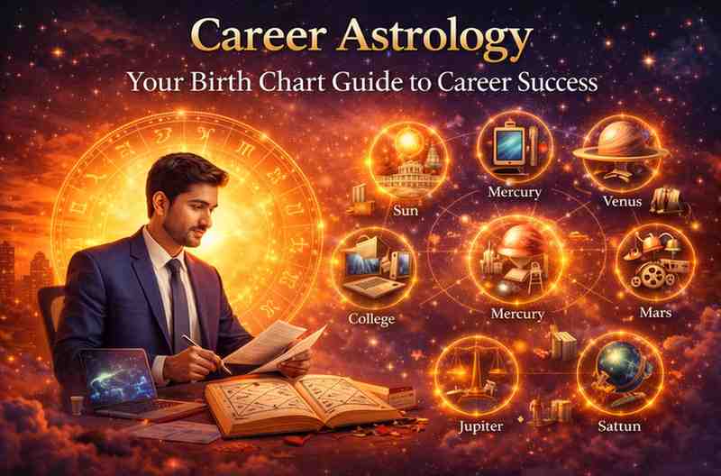 Career astrology concept showing professional analyzing birth chart with zodiac wheel, planets like Sun Mercury Venus Mars Jupiter Saturn, and career path guidance.