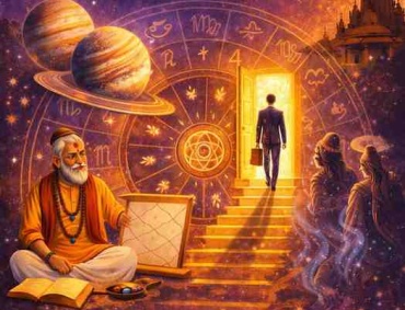 Astrology career change illustration showing planetary signs like Saturn, Jupiter, Rahu, Ketu, and Sun indicating job transition