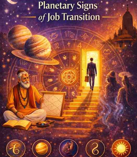 Astrology career change illustration showing planetary signs like Saturn, Jupiter, Rahu, Ketu, and Sun indicating job transition