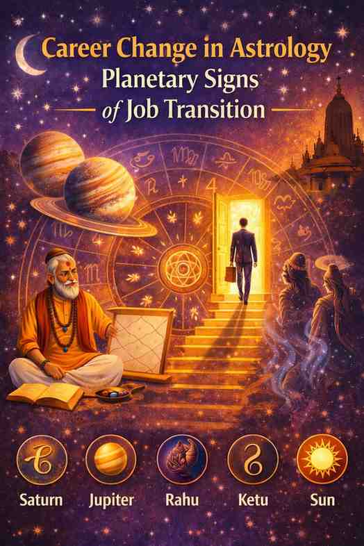Astrology career change illustration showing planetary signs like Saturn, Jupiter, Rahu, Ketu, and Sun indicating job transition