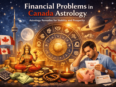 Financial problems in Canada astrology concept showing zodiac wheel, planets, Goddess Lakshmi, and a stressed man reviewing bills representing astrology remedies for financial stability.