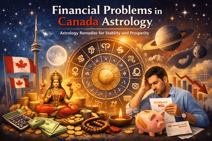 Financial problems in Canada astrology concept showing zodiac wheel, planets, Goddess Lakshmi, and a stressed man reviewing bills representing astrology remedies for financial stability.