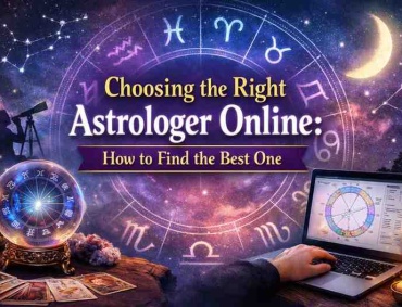 Choosing the right astrologer online illustration showing zodiac chart, tarot cards, crystal ball, and laptop for astrology consultation