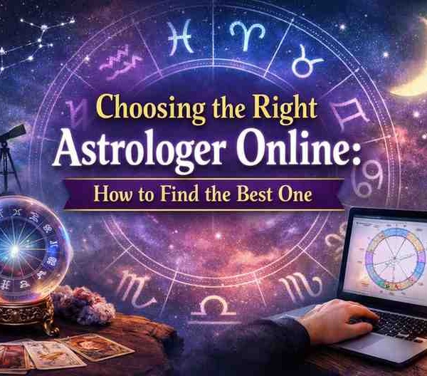 Choosing the right astrologer online illustration showing zodiac chart, tarot cards, crystal ball, and laptop for astrology consultation