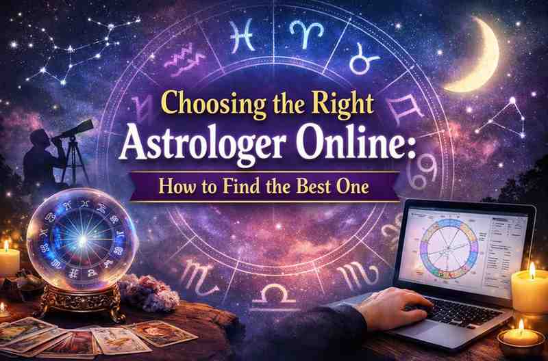 Choosing the right astrologer online illustration showing zodiac chart, tarot cards, crystal ball, and laptop for astrology consultation