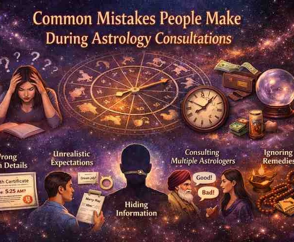 Common mistakes people make during astrology consultations including wrong birth details, unrealistic expectations, hiding information, consulting multiple astrologers, and ignoring remedies