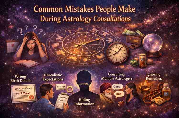 Common mistakes people make during astrology consultations including wrong birth details, unrealistic expectations, hiding information, consulting multiple astrologers, and ignoring remedies