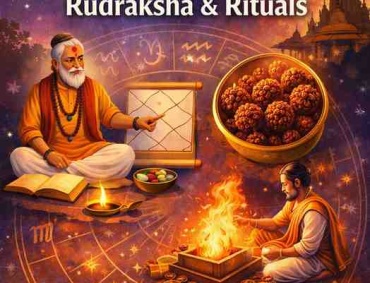 Astrologer performing Kundli reading with Rudraksha beads and fire ritual illustrating astrology remedies and spiritual practices