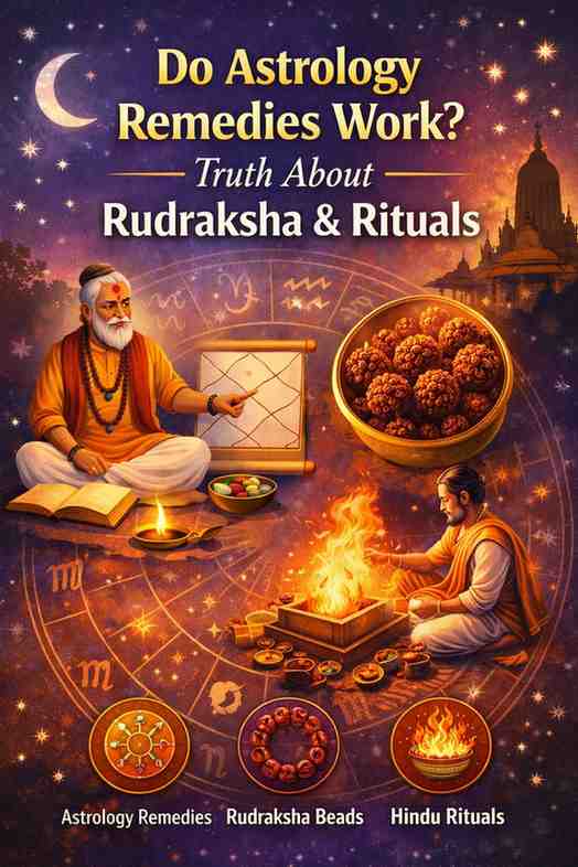Astrologer performing Kundli reading with Rudraksha beads and fire ritual illustrating astrology remedies and spiritual practices